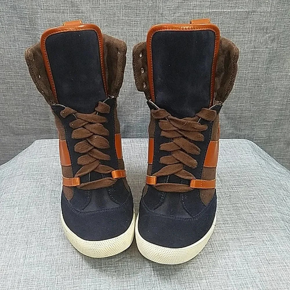 Chloe Kasia wedge sneaker - blue suede / tan leather brown quilted women's sz 38